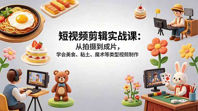 （18375期）短视频剪辑实战课：从拍摄到成片，学会美食、粘土、魔术等类型视频制作-课程网