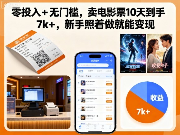 零投入+无门槛，卖电影票10天到手7k+，新手照着做就能变现【揭秘】-课程网