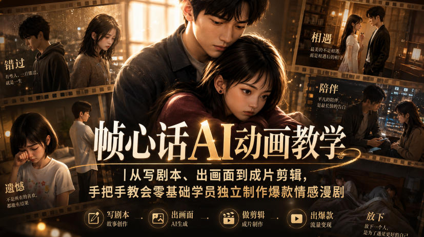 帧心话AI动画教学｜从写剧本、出画面到成片剪辑，手把手教会零基础学员独立制作爆款情感漫剧-课程网