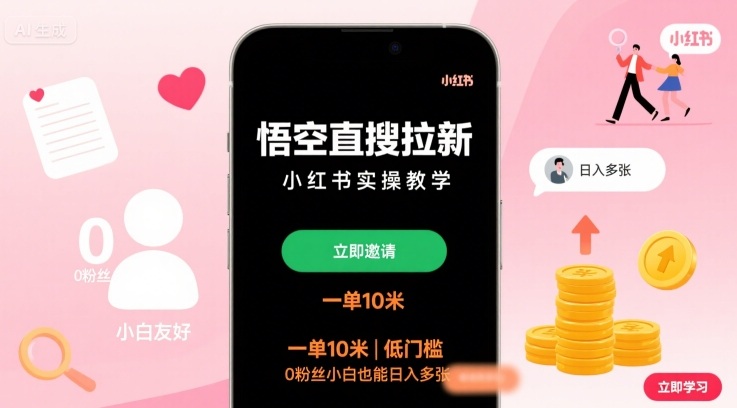 悟空直搜拉新小红书实操教学，一单10米，低门槛，0粉丝小白也能日入多张-课程网