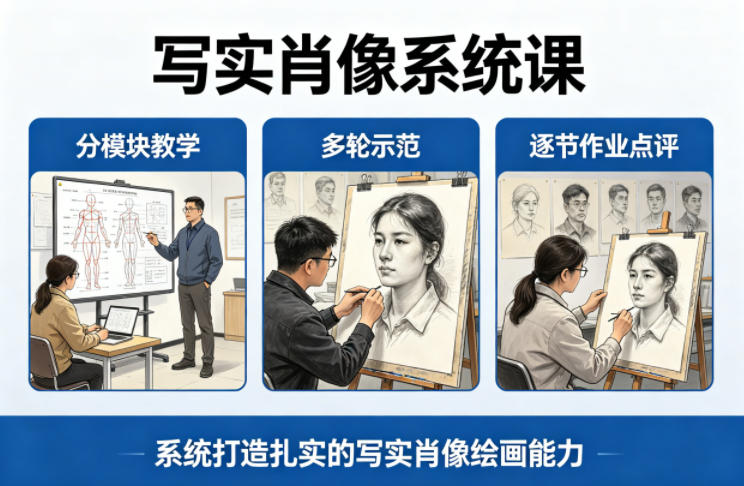 写实肖像系统课，全程分模块教学+多轮示范+逐节作业点评，系统打造扎实的写实肖像绘画能力-课程网