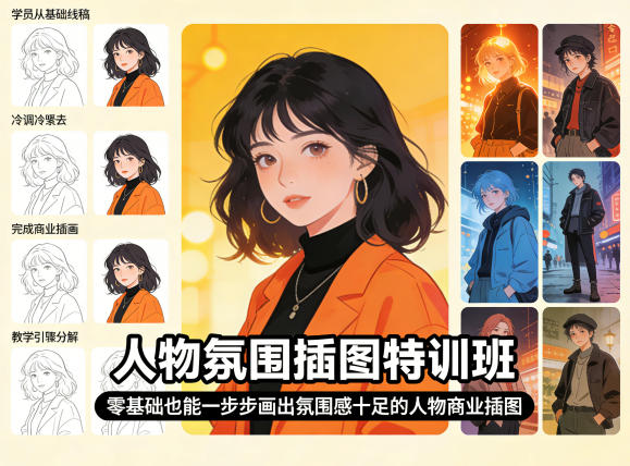 人物氛围插图特训班，零基础也能一步步画出氛围感十足的人物商业插图-课程网