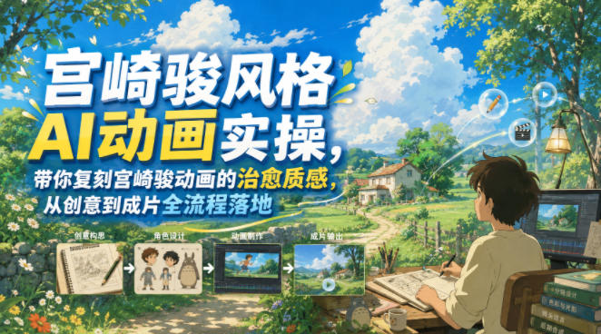 宫崎骏风格AI动画实操，带你复刻宫崎骏动画的治愈质感，从创意到成片全流程落地-课程网
