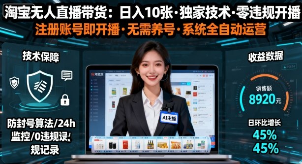 【最新】淘宝无人直播带货，日入10张，独家技术，无违规无封号，注册账号直接开播，不用养号【揭秘】-课程网