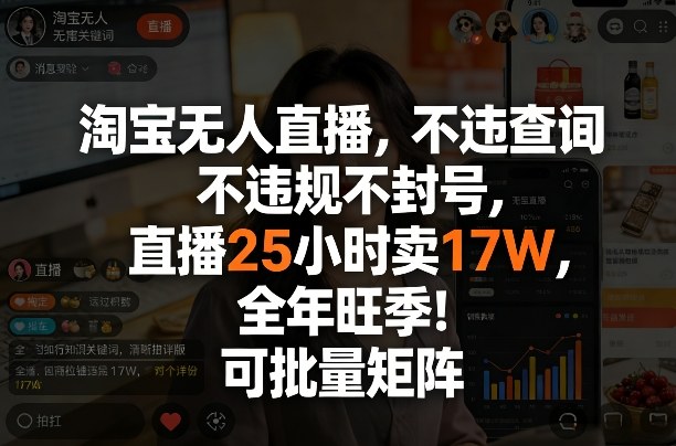 淘宝无人直播，不违规不封号，直播25小时卖17W，全年旺季！可批量矩阵【揭秘】-课程网