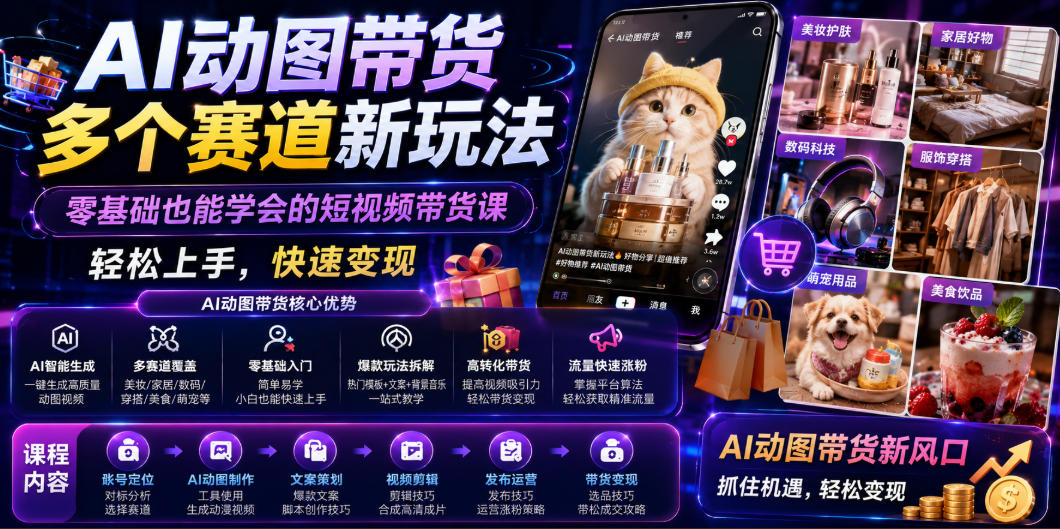 AI动图带货多个赛道新玩法，零基础也能学会的短视频带货课，轻松上手，快速变现-课程网