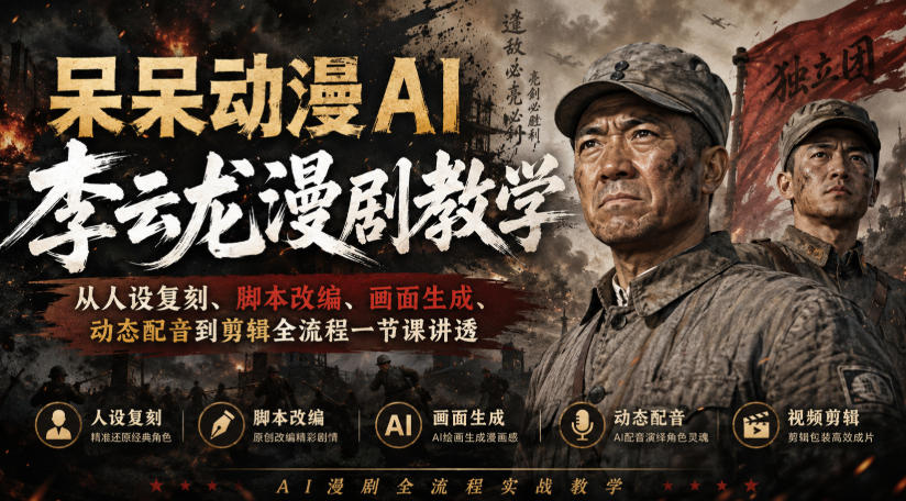 呆呆动漫AI李云龙漫剧教学，从人设复刻、脚本改编、画面生成、动态配音到剪辑全流程一节课讲透-课程网