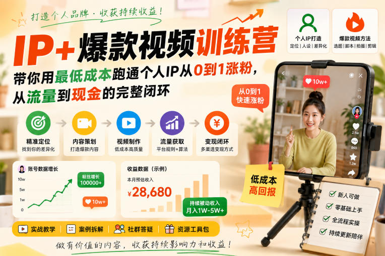 IP+爆款视频训练营，带你用最低成本跑通个人IP从0到1涨粉，从流量到现金的完整闭环-课程网