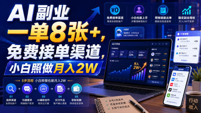 AI副业一单8张+，免费接单渠道，小白照做月入2W【揭秘】-课程网