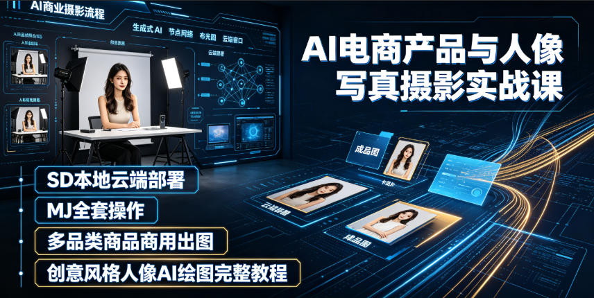 AI电商产品与人像写真摄影实战课｜SD本地云端部署、MJ全套操作、多品类商品商用出图、创意风格人像AI绘图完整教程-课程网