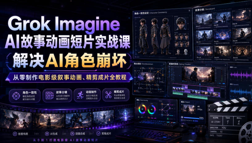 Grok Imagine AI故事动画短片实战课｜解决AI角色崩坏，从零制作电影级叙事动画、精剪成片全教程（中英字幕）-课程网