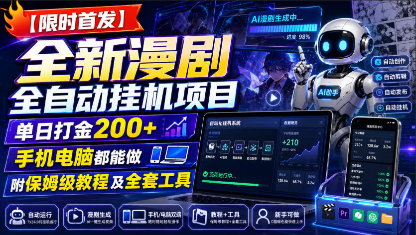 【限时首发】全新漫剧全自动挂G项目，单日打金200+，手机电脑都能做，附保姆级教程及全套工具【揭秘】-课程网