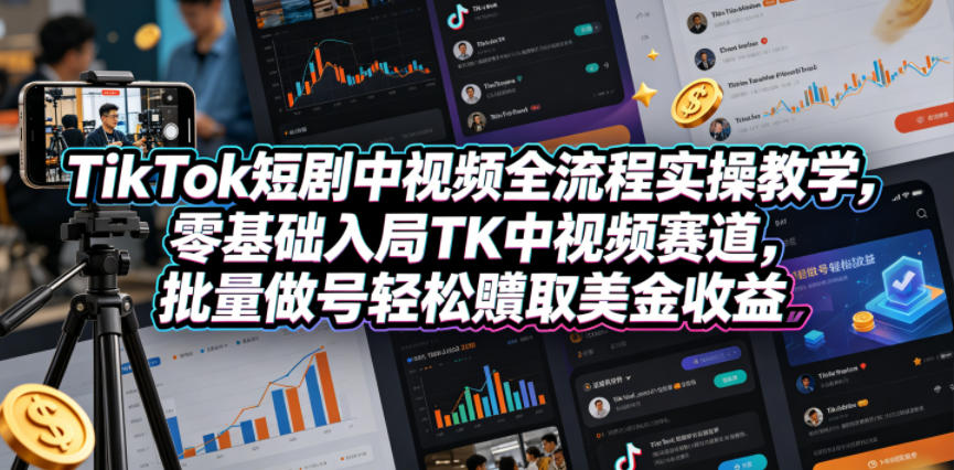 TikTok短剧中视频全流程实操教学，零基础入局TK中视频赛道，批量做号轻松賺取美金收益-课程网