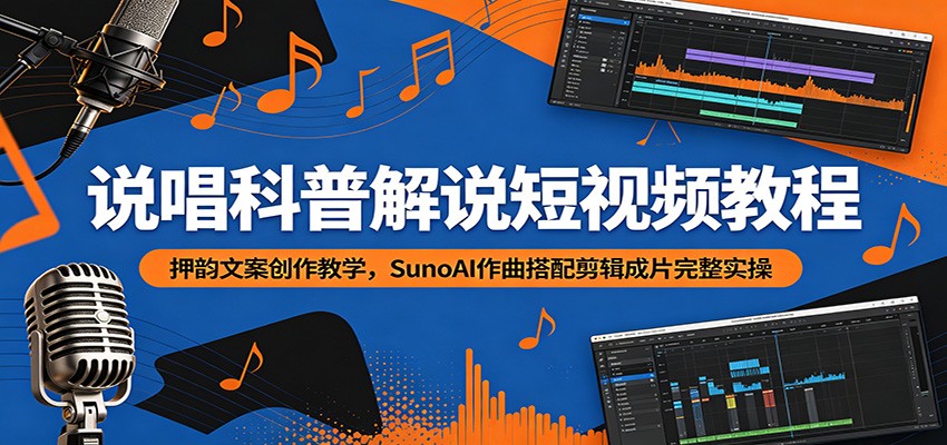 说唱科普解说短视频教程：押韵文案创作教学，SunoAI作曲搭配剪辑成片完整实操-课程网