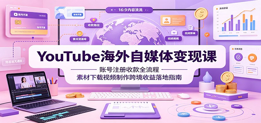 YouTube海外自媒体变现课：账号注册收款全流程，素材下载视频制作跨境收益落地指南-课程网