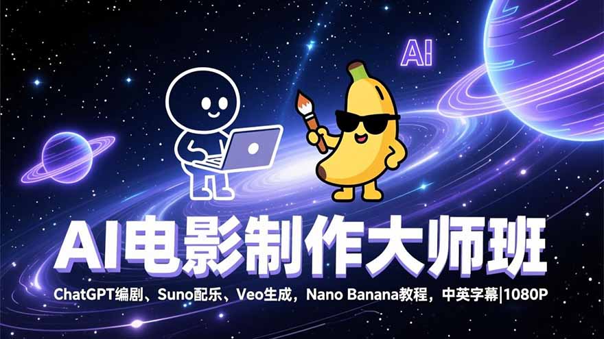 AI电影制作大师班：ChatGPT编剧、Suno配乐、Veo生成，Nano Banana教程，中英字幕|1080P-课程网