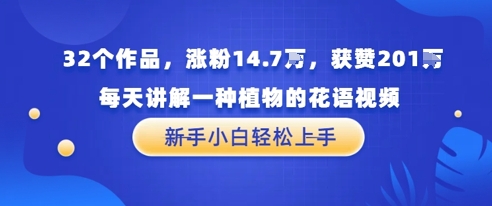 32个作品，涨粉14.7W，获赞201W，每天讲解一种植物的花语视频，无需任何技巧，新手小白轻松上手-课程网