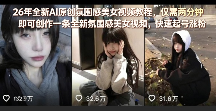 26年全新AI原创氛围感美女视频教程，仅需两分钟即可创作一条全新氛围感美女视频，快速起号涨粉-课程网