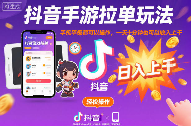 抖音手游拉单玩法，手机平板都可以操作，一天十分钟也可以收入上K【揭秘】-课程网