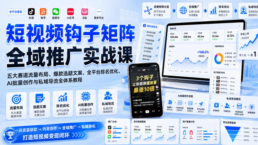 短视频钩子矩阵全域推广实战课｜五大赛道流量布局、爆款选题文案、全平台排名优化、AI批量创作与私域导流全体系教程-课程网