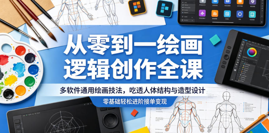 从零到一绘画逻辑创作全课，多软件通用绘画技法，吃透人体结构与造型设计，零基础轻松进阶接单变现-课程网