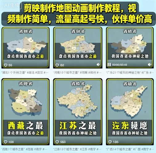 剪映制作地图动画制作教程，视频制作简单，流量高起号快，伙伴单价高-课程网