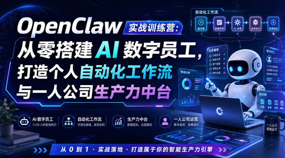 OpenClaw实战训练营：从零搭建AI数字员工，打造个人自动化工作流与一人公司生产力中台-课程网