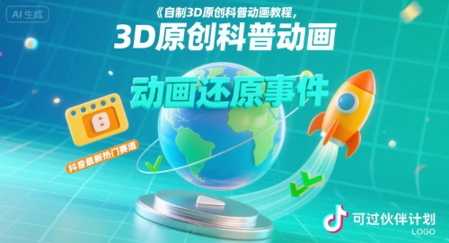 自制3D原创科普动画教程，动画还原事件，抖音最新热门赛道，可过伙伴计划-课程网
