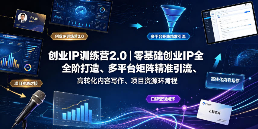 创业IP训练营2.0｜零基础创业IP全阶打造、多平台矩阵精准引流、高转化内容写作、项目资源对接与口碑变现闭环课程-课程网