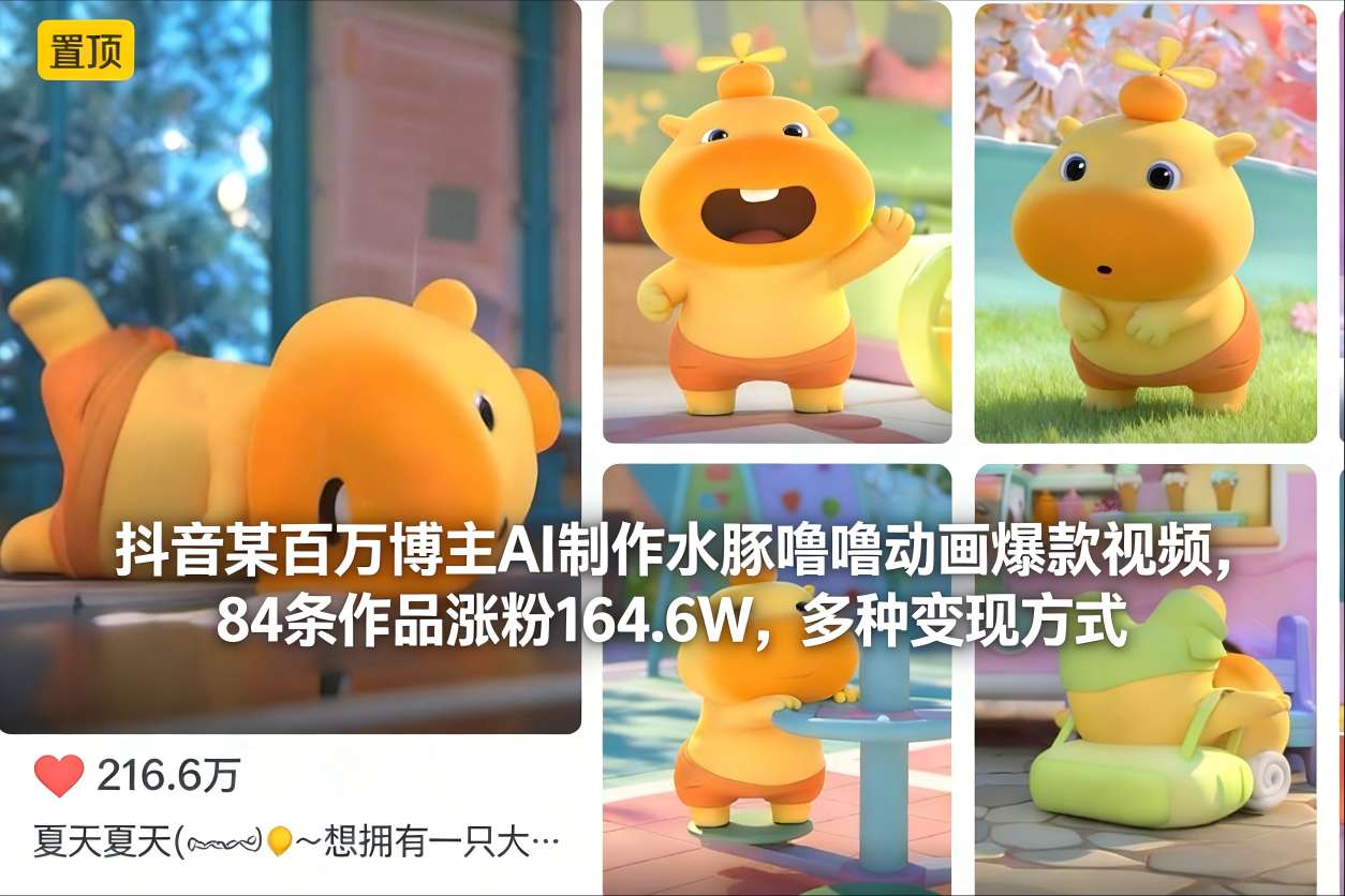 抖音某百万博主AI制作水豚噜噜动画爆款视频，84条作品涨粉164.6W，多种变现方式-课程网