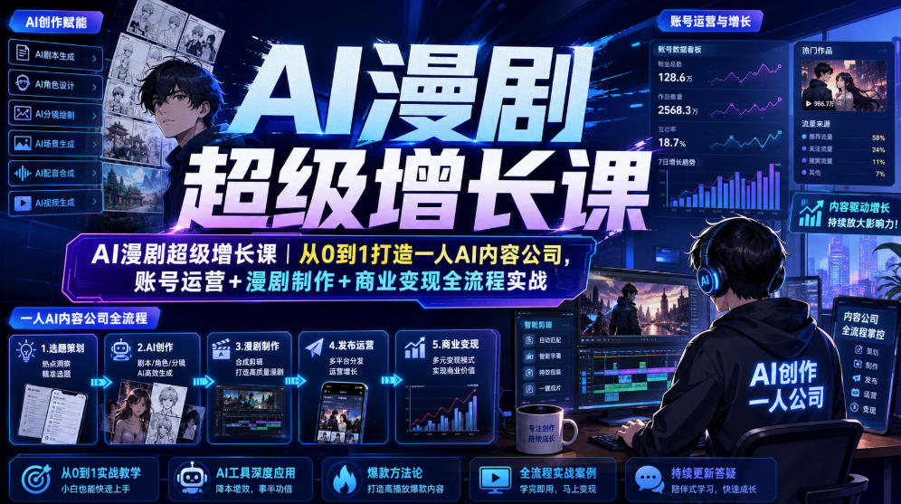 AI漫剧超级增长课｜从0到1打造一人AI内容公司，账号运营+漫剧制作+商业变现全流程实战-课程网