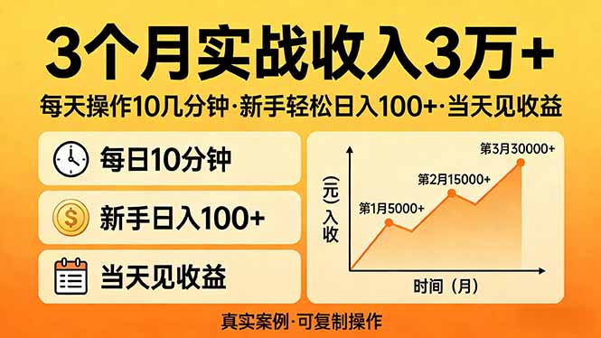 3个月实战收入3万+，每天操作10几分钟，新手轻松日入100+，当天见收益-课程网