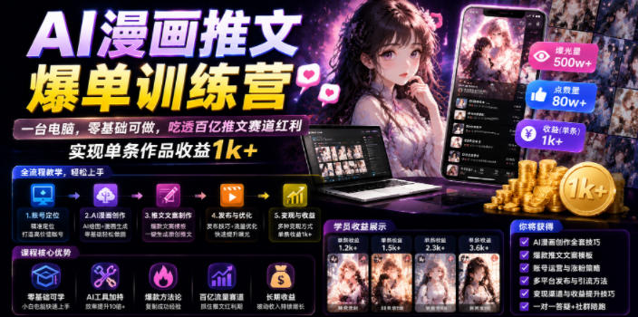 AI漫画推文爆单训练营，一台电脑，零基础可做，吃透百亿推文赛道红利，实现单条作品收益1k+-课程网