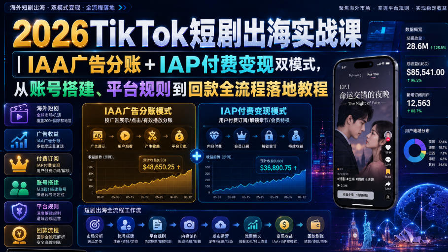 2026TikTok短剧出海实战课｜IAA广告分账+IAP付费变现双模式，从账号搭建、平台规则到回款全流程落地教程-课程网
