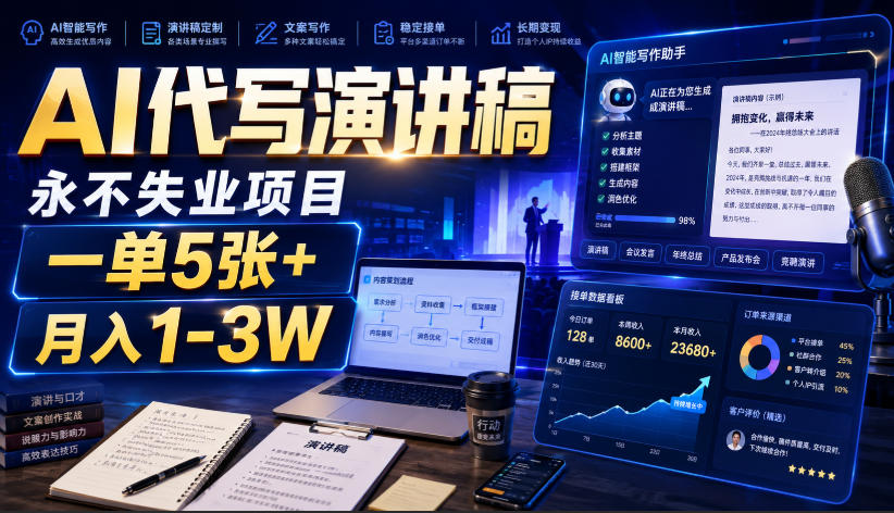 AI代写演讲稿，永不失业项目，一单5张+，月入1-3W【揭秘】-课程网
