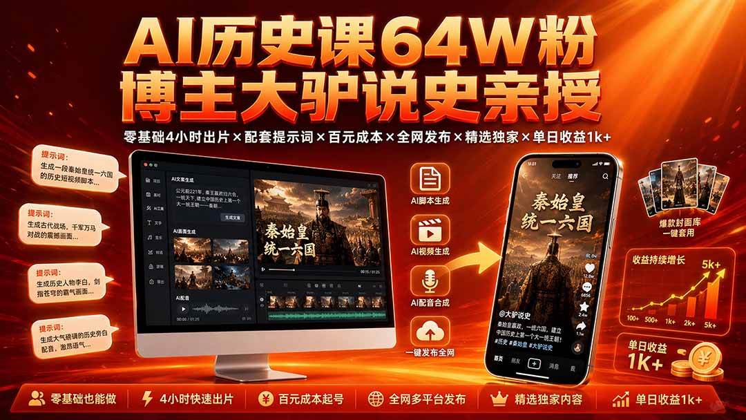 （19557期）AI历史课64W粉博主大驴说史亲授：零基础4小时出片×配套提示词×百元成本×全网发布×精选独家×单日收益1k+-课程网