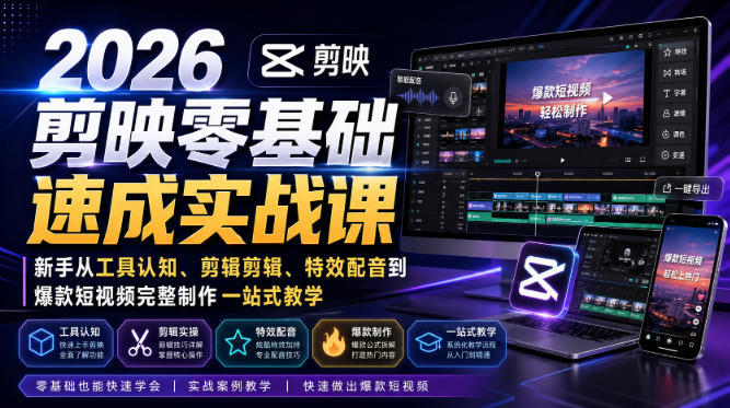 2026剪映零基础速成实战课｜新手从工具认知、剪辑剪辑、特效配音到爆款短视频完整制作一站式教学-课程网