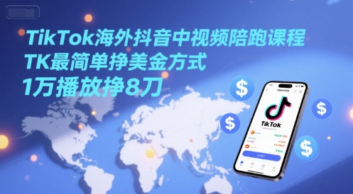 TikTok海外抖音中视频陪跑课程，TK最简单挣美金方式，1万播放挣8刀-课程网