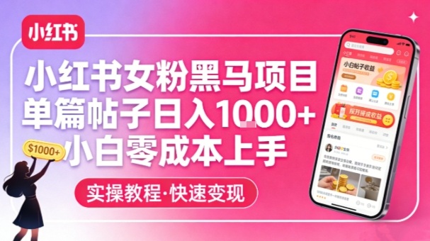 小红书女粉黑马项目，单篇帖子日入1k+，小白零成本上手-课程网