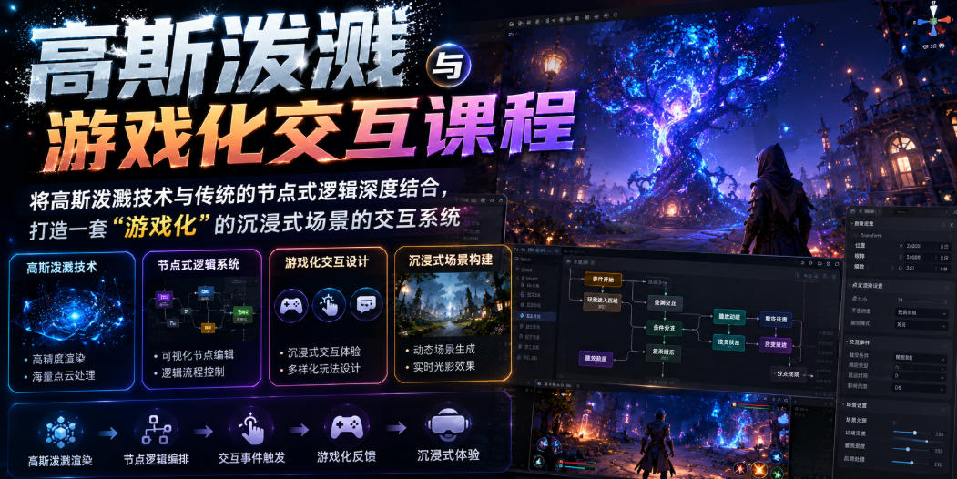 高斯泼溅与游戏化交互课程，将高斯泼溅技术与传统的节点式逻辑深度结合，打造一套“游戏化”的沉浸式场景的交互系统-课程网