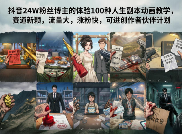 抖音24W粉丝博主的体验100种人生副本动画教学，赛道新颖，流量大，涨粉快，可进创作者伙伴计划-课程网