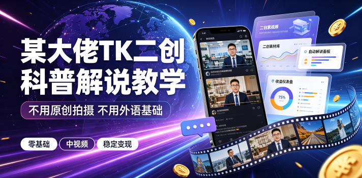 某大佬TK二创科普解说教学，不用原创拍摄不用外语基础，零基础做TikTok中视频稳定变现-课程网