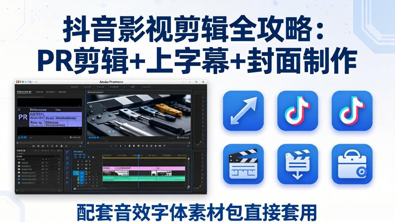 抖音影视剪辑全攻略：PR剪辑+上字幕+封面制作，配套音效字体素材包直接套用-课程网