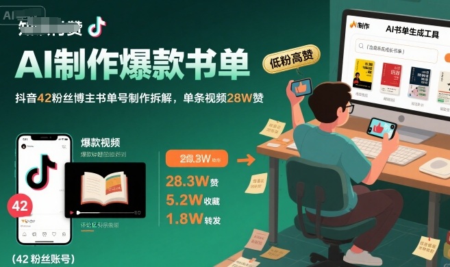 AI制作爆款书单，抖音42粉丝博主书单号制作拆解，单条视频28W赞-课程网