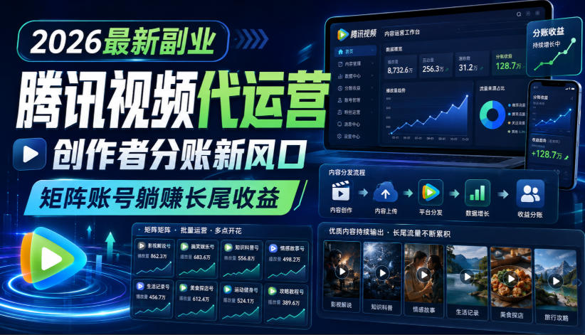 2026最新副业之腾讯视频代运营：创作者分账新风口，矩阵账号躺賺长尾收益【揭秘】-课程网