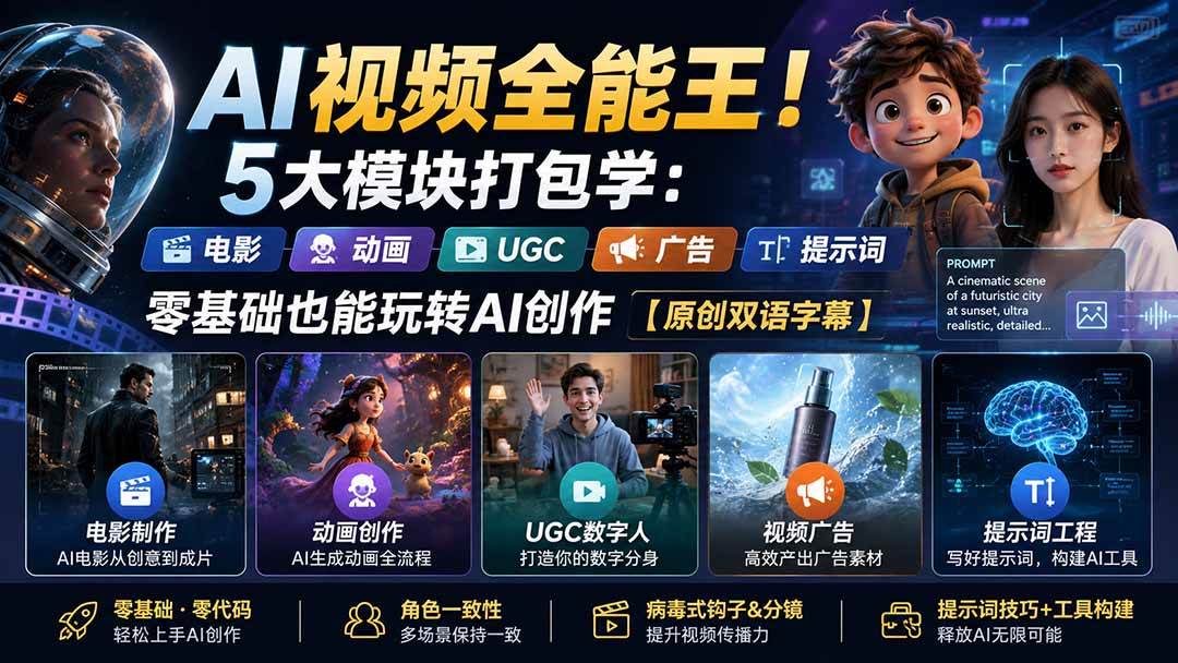 (20048期)AI视频全能王!5大模块打包学:电影、动画、UGC、广告、提示词,零基础也能玩转AI创作【原创双语字幕】 (20048期)AI视频全能王!5大模块打包学:电影、动画、UGC、广告、提示词,零基础也能玩转AI创作【原创双语字幕】