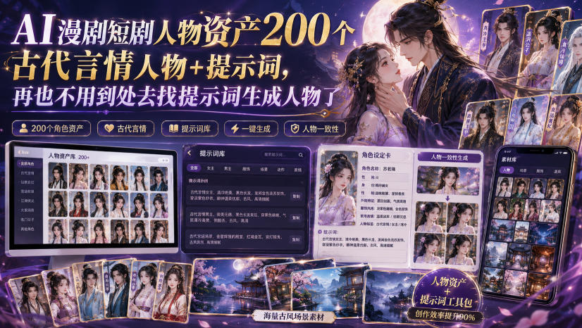 AI漫剧短剧人物资产200个古代言情人物+提示词，再也不用到处去找提示词生成人物了-课程网