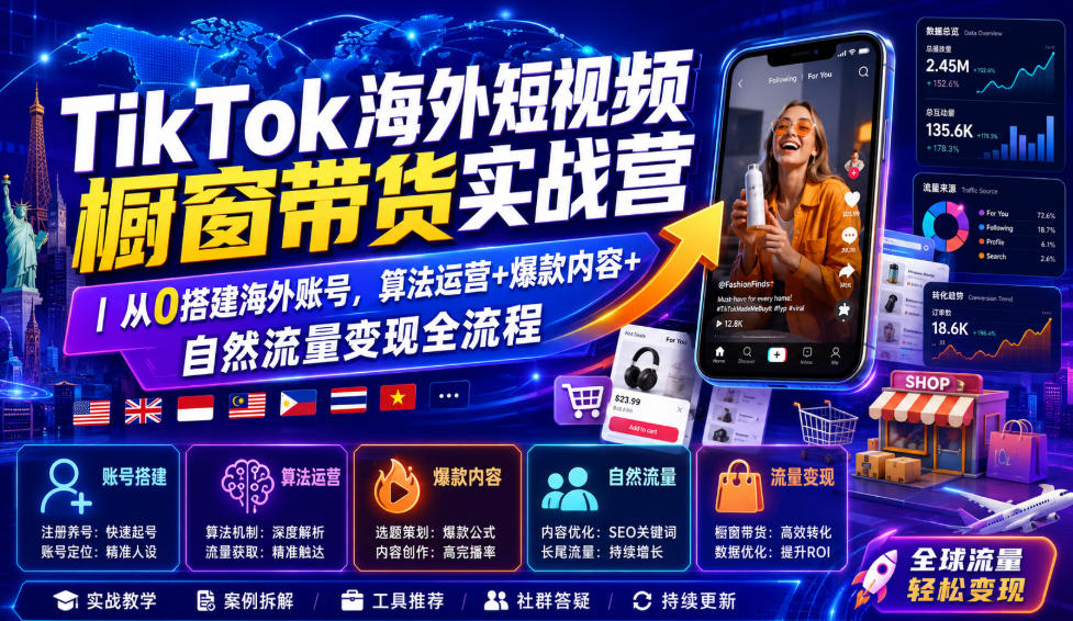 TikTok海外短视频橱窗带货实战营｜从0搭建海外账号，算法运营+爆款内容+自然流量变现全流程-课程网