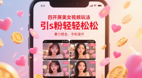 四开屏美女视频玩法，引s粉轻轻松松，暴力掘金，手机操作【揭秘】-课程网