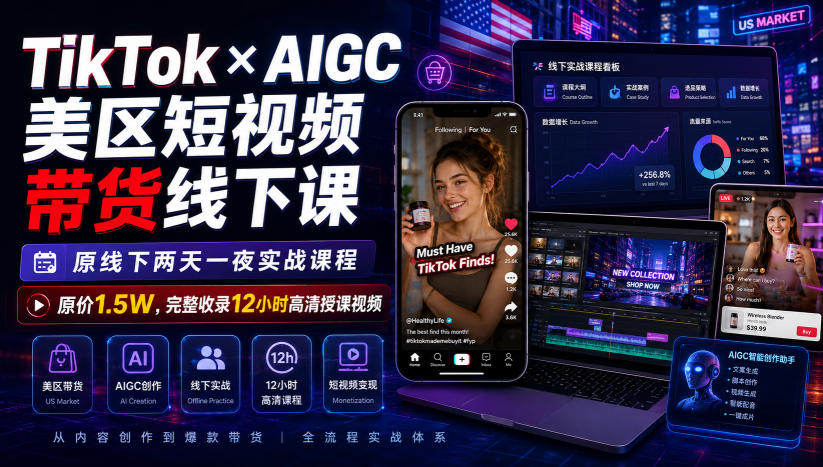 TikTok×AIGC美区短视频带货线下课，原线下两天一夜实战课程，原价1.5W，完整收录12小时高清授课视频-课程网